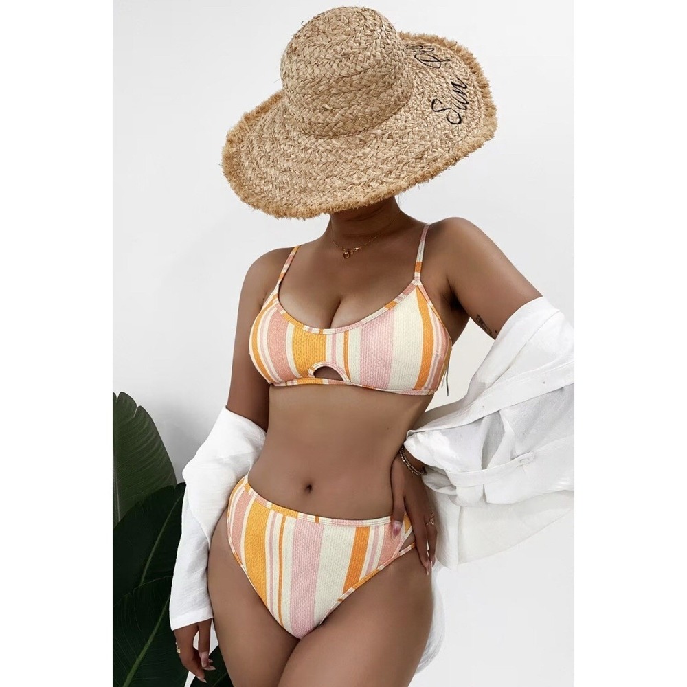 Cupshe‎ Bikini Large Striped Cutout Bralette & Cheeky High-Leg Cut Orange Yellow